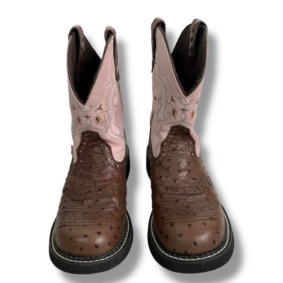 Justin Gypsy Cowboy Boots Leather Style L9935 Ostrich Print Pink Brown Size 7B - Picture 5 of 8